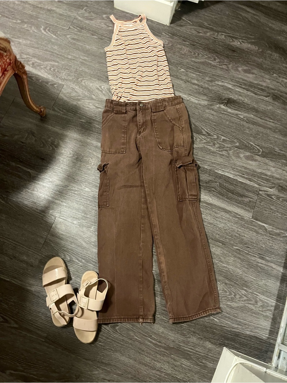 Brown Cargo Pants sz L fits like M, thick !!! (Top and sandals not for sale)